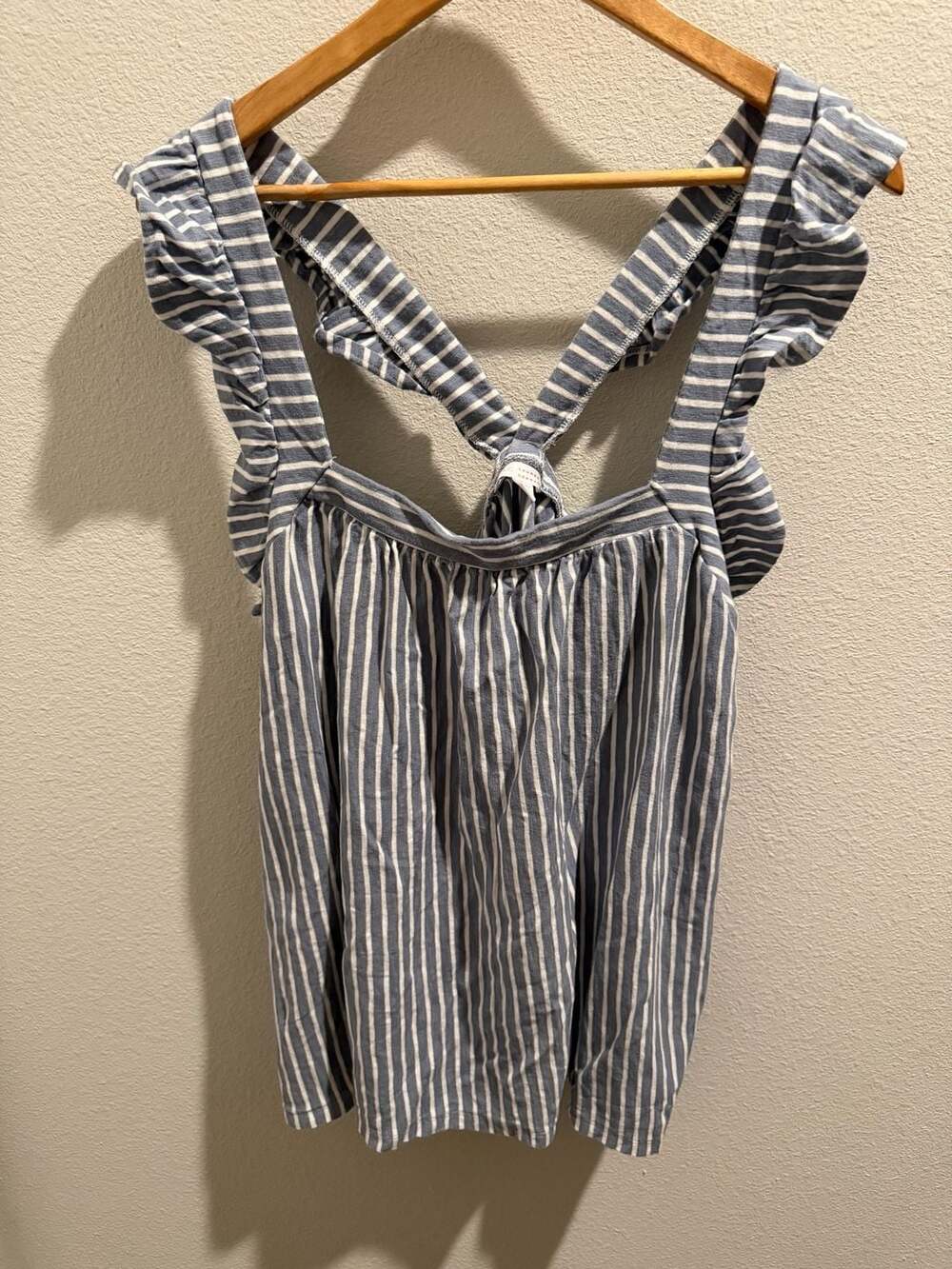 LC Lauren Conrad Blue White Striped Ruffle Strap Cross Back Tank Top Womens 1X